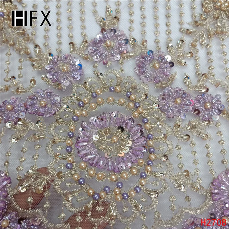 HFX Тяжелая вышитая бисером кружевная ткань ручной работы 3d цветок Роскошная французская сетка кружева Свадебная кружевная ткань dentelle tissu 5 ярдов/лот H2708