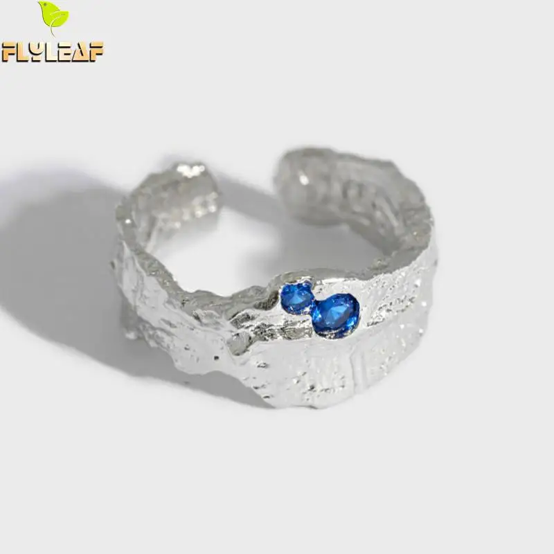 

925 Sterling Silver Blue Zircon Irregular Wide Open Rings For Women 14k Gold 925 Jewelry INS Pop Handmade Flyleaf New Arrival