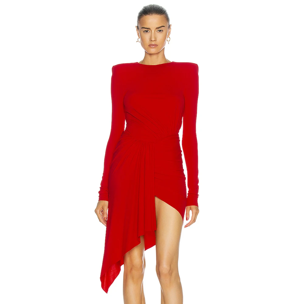 

Women Spring Sexy O Neck Long Sleeve Ruffles Mini Red Fashion Lady Dress 2021 Designer Fashion Evening Party Dress Vestido