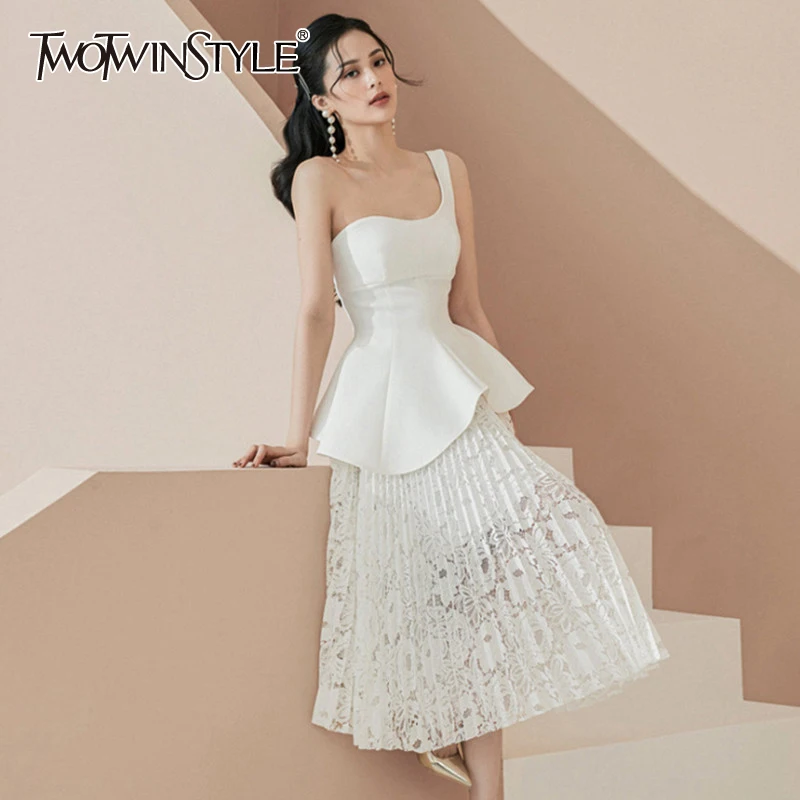 TWOTWINSTYLE Dress Two Piece Suit Women Clothing One Off Shoulder Crop Top Crinkle Skirt Slim Set Female 2021 Spring Fashion New