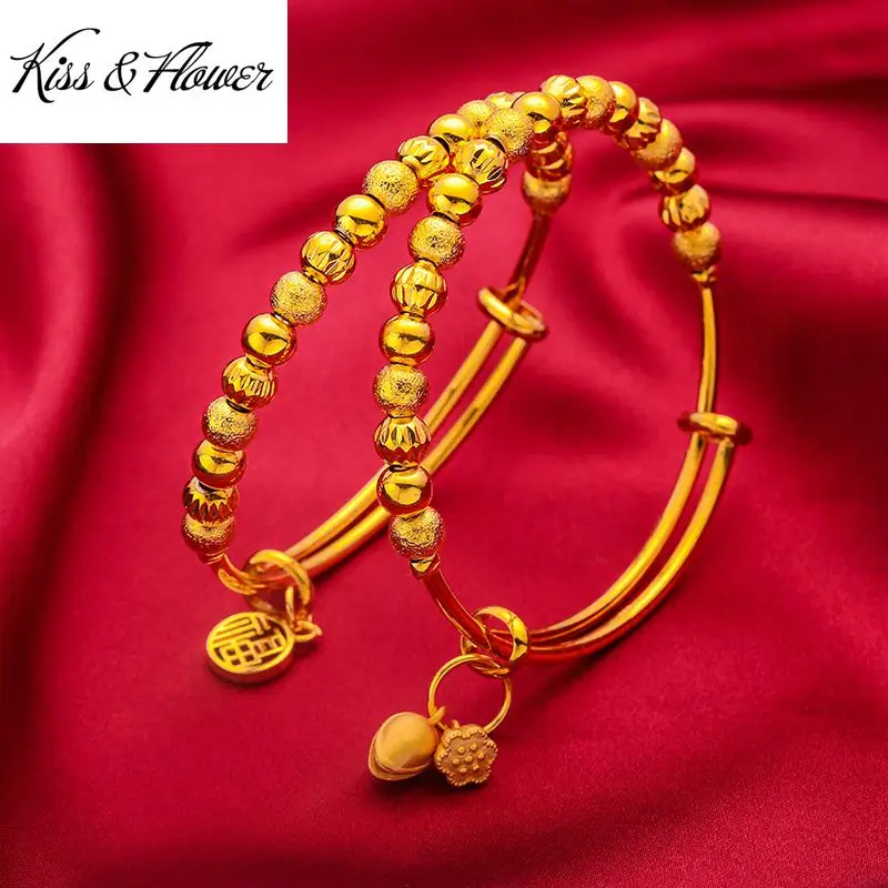 

KISS&FLOWER BR172 Fine Jewelry Wholesale Fashion Woman Birthday Wedding Gift Lotus Beads 24KT Gold Resizable Bracelet Bangle