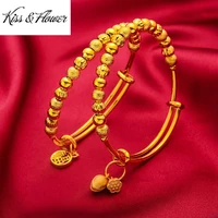 kissflower br172 fine jewelry wholesale fashion woman birthday wedding gift lotus beads 24kt gold resizable bracelet bangle