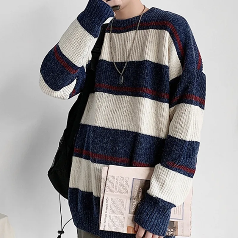 Зимний полосатый свитер мужской теплый модный Контрастный ЦВЕТНОЙ Повседневный