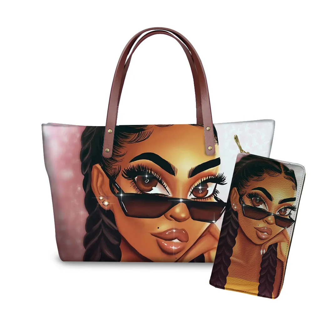 YQ3715ALZ21 FORUDESIGNS бренд класса люкс дизайн Сумки женский, черный арт в африканском стиле, для девочек, 2 предмета в наборе, шт./компл. ручная сумка& кошелек женские сумки с верхней ручкой - Цвет: YQ3715ALZ21