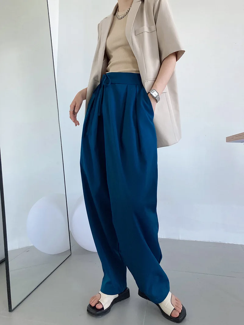 

Дизайнерские брюки Yeeloca со шнуровкой, новинка осень 2021, прямые брюки для отдыха в гонконгском стиле с высокой талией, корейские брюки с широк...