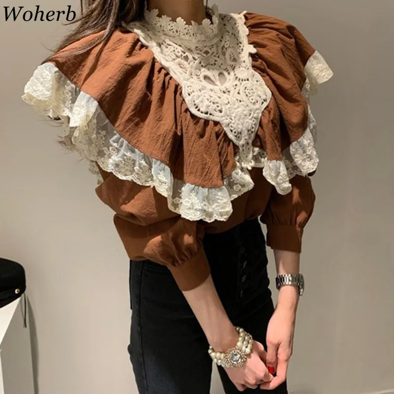 Woherb/Элегантная блузка из хлопка и льна со стоячим воротником рубашки с длинным