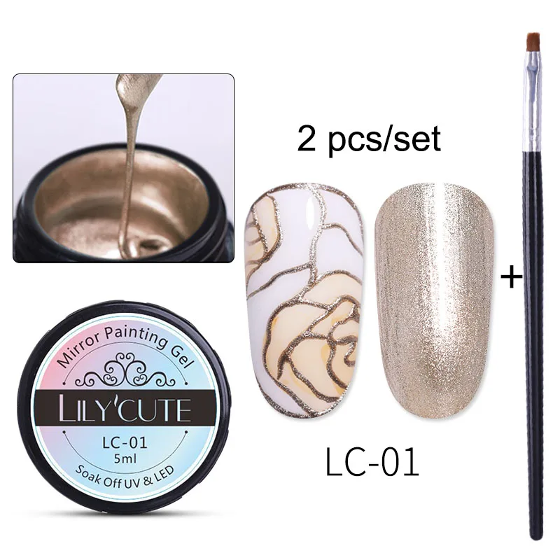 2PCS 1 LILYCUTE 5 мл металлический зеркальный Гель-лак для ногтей, рисунок, роза, красное золото, серебро, Гель-лак для ногтей, сделай сам - Цвет: 2PCS 1