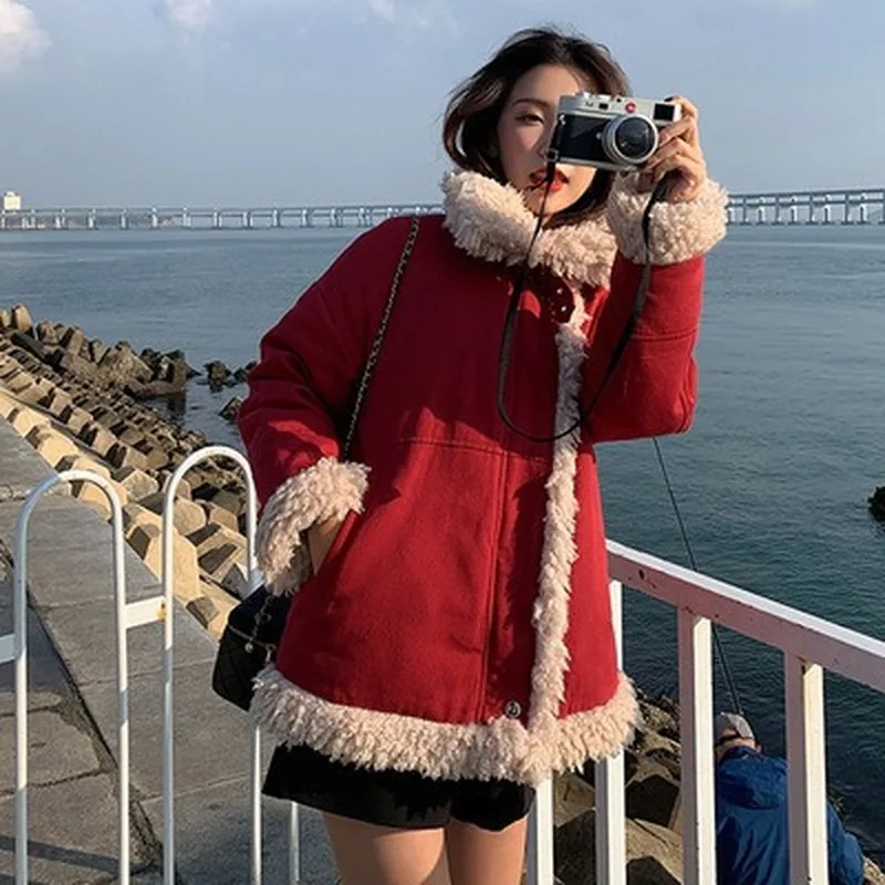 

Ягненка Шерстяное пальто для женщин новая зимняя одежда в Корейском стиле с воротником-стойкой, свободного кроя на молнии темперамент утол...