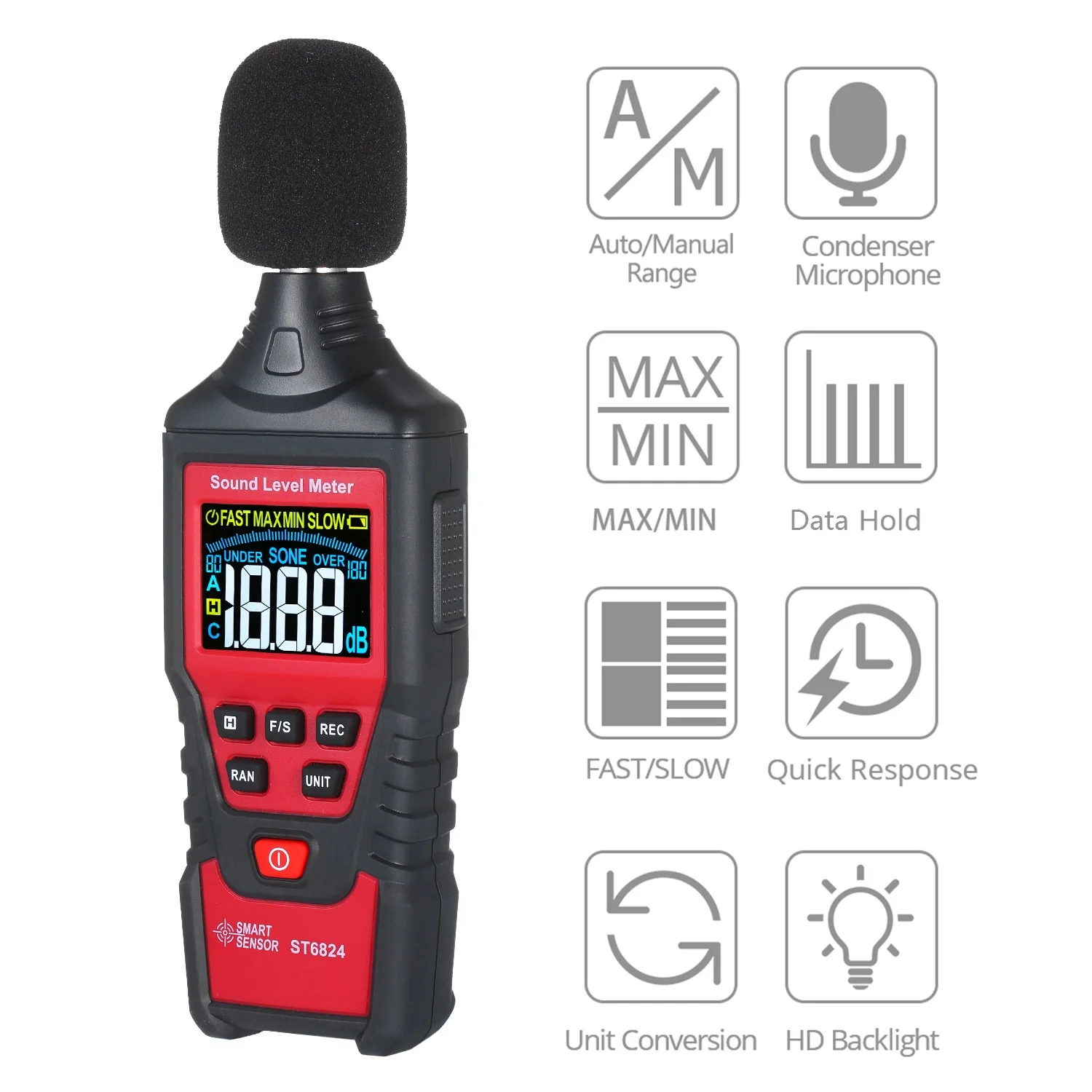 Цифровой измеритель уровня шума ST6824 умный детектор с ЖК дисплеем и цветным