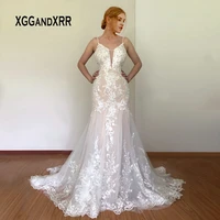 100 real picture lace mermaid wedding dress 2021 bridal gown deep v neck beading spaghetti strap lace applique long bride dress