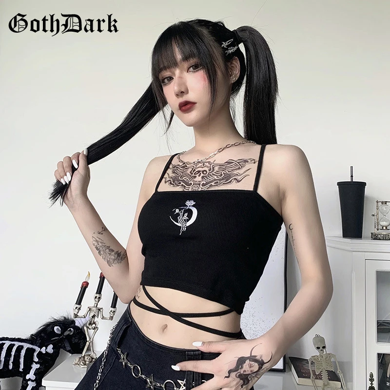 Женский топ с вышивкой Goth Dark черный облегающий Топ без рукавов принтом в виде роз