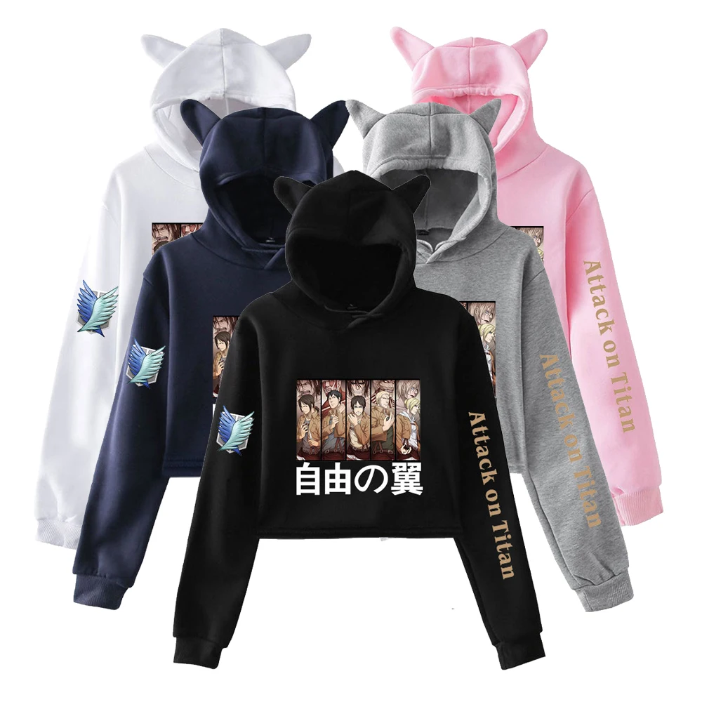 

Attack on Titan Hoodie Sweatshirt Women Long Sleeve Hooded Cute Cat Ear Casual Girls Top Clothes Attacking Giant Printed