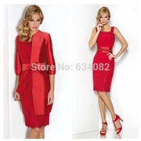 2015 free shipping customized two pieces knee length red mother of the bride pant suits women short evening dress with jacket