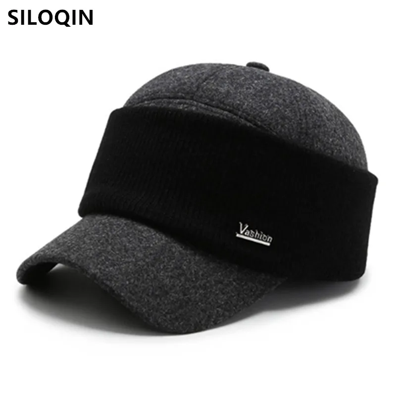 

SILOQIN snapback cap winter men's warm thick baseball caps chapeau earmuffs hats for men senior dad's hat New casual brands hat
