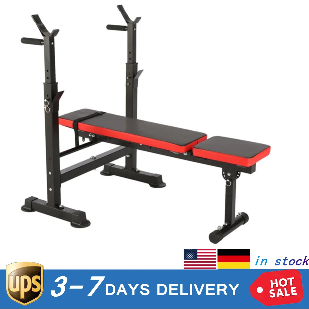 

Adjustable Folding Fitness Weight Bench Barbell Rack Set Workout Strength Training Faux Leather Metal Iron Frame Sturdy Non-slip