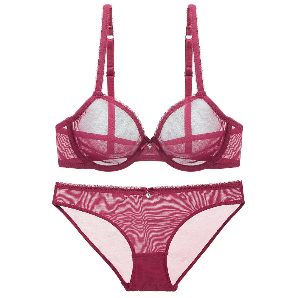 Sexy Womens Transparent Bra 3/4 Cup Non-padded Underwire Breathable Bra& Panties Mesh Unlined Bra Set 32 34 36 38 40 42 B C D