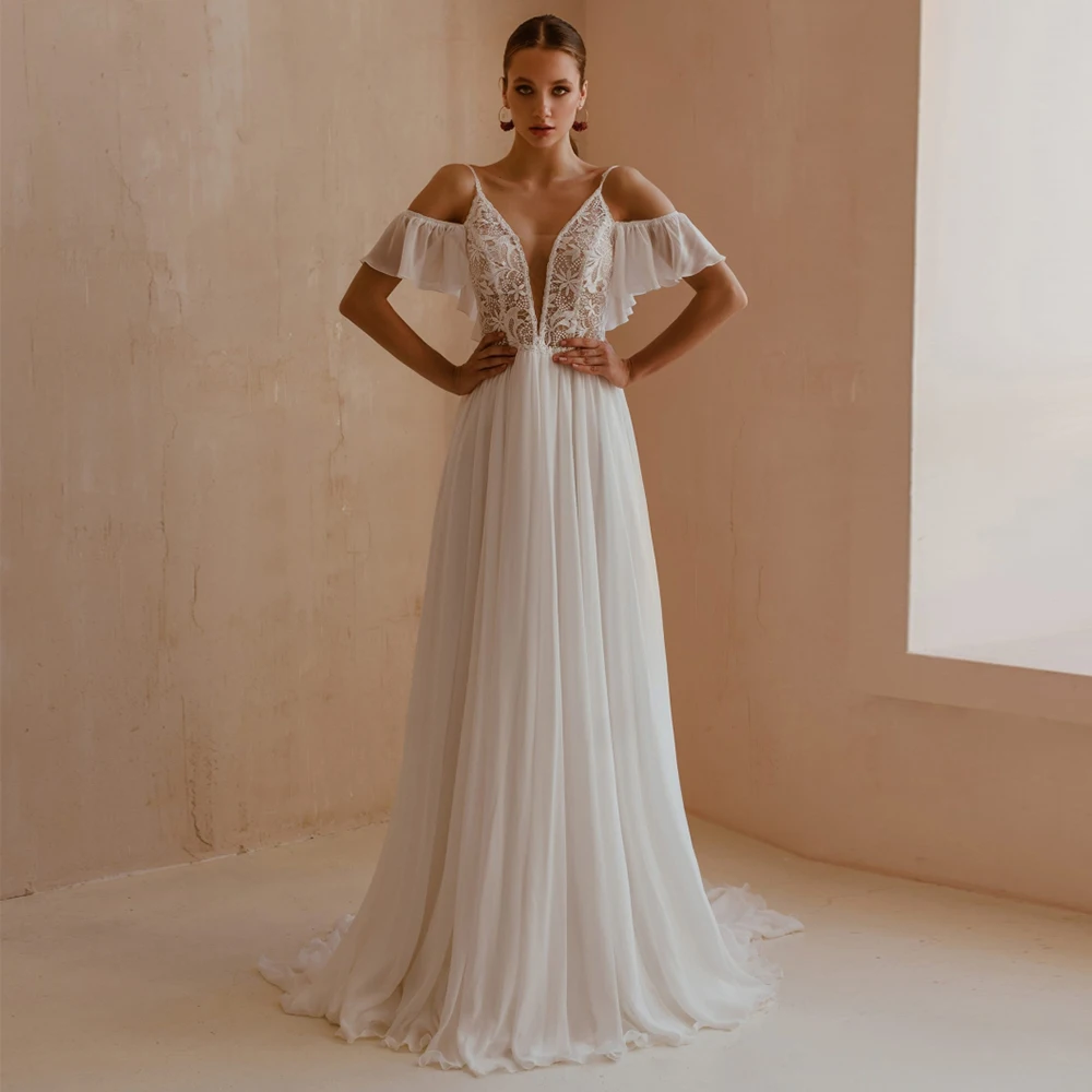 

Женское шифоновое свадебное платье It's yiiya, белое кружевное платье А-силуэта с V-образным вырезом, открытыми плечами и аппликацией на лето 2019