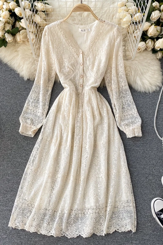 

Crochet Hollow V-neck Long-sleeved Dress Autumn New Style Korean Vintage Heavy Embroidery Breasted Lace Mid-length Skirt Female