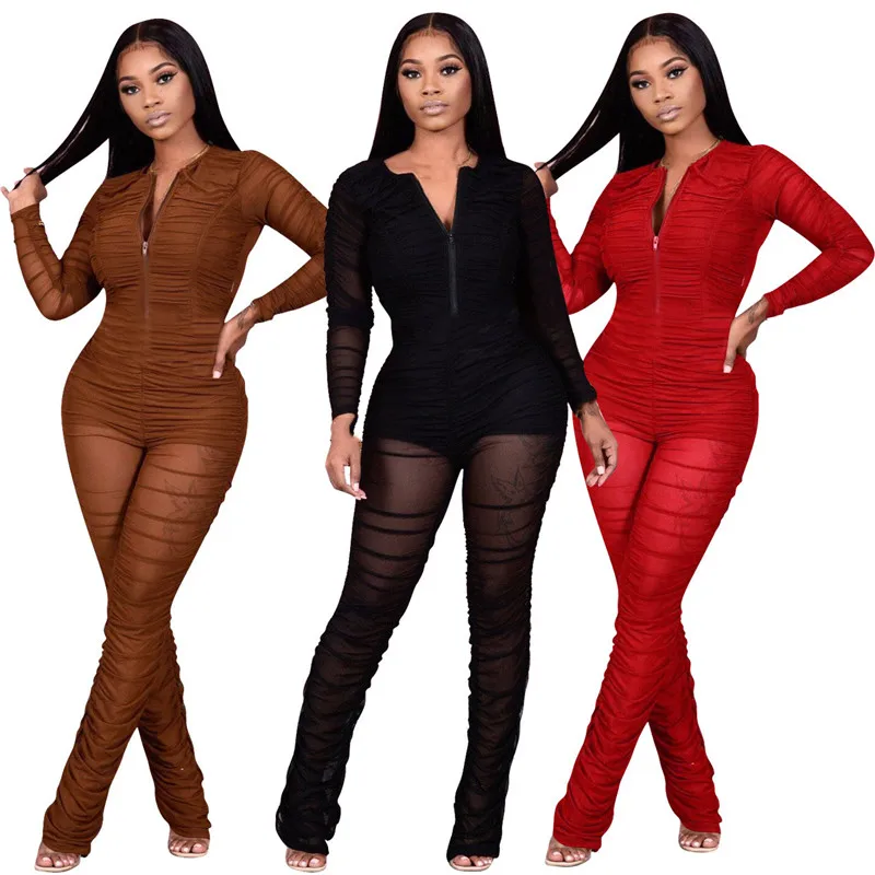 

WUHE Sexy Mesh Patchwork Pleated Bandage Jumpsuits V Neck Zipper Long Sleeve Bag Hip Flare Pants Club Party Streetwear Overalls