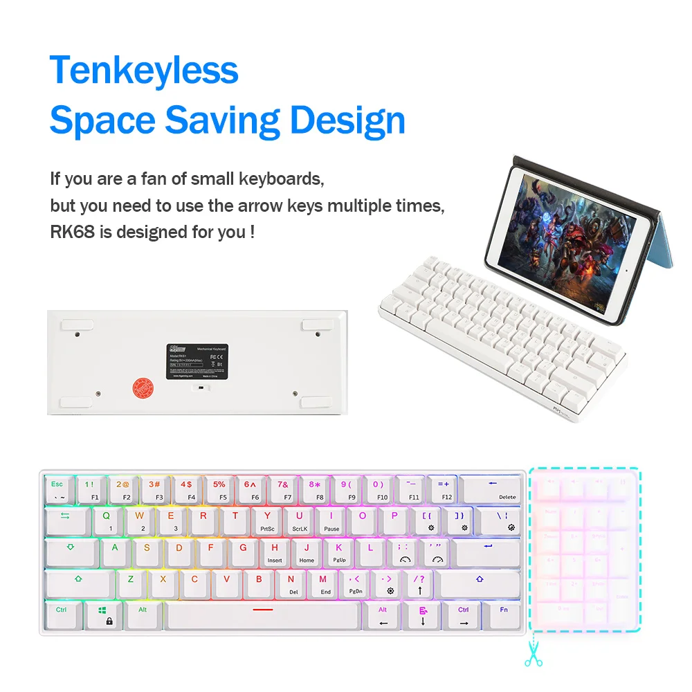 

RK61 Wireless Mechanical Keyboard Bluetooth RGB backlight 61 Keys for Ipad Windows Phone Tablet 60% Blue Brown Red Switch