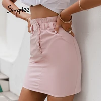 simplee elegant pink women ruffled mini bud skirt summer casual elastic high waist button a line skirts lady fashion slim bottom