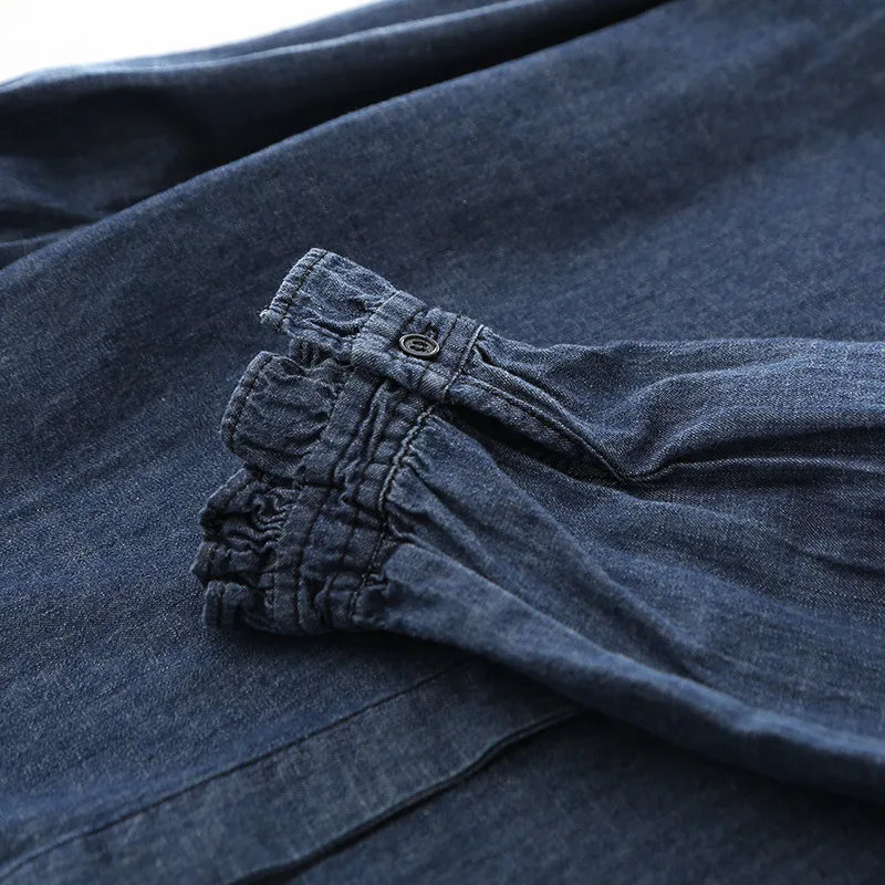 Джинсовая рубашка женская с длинным рукавом однотонная блузка из денима на