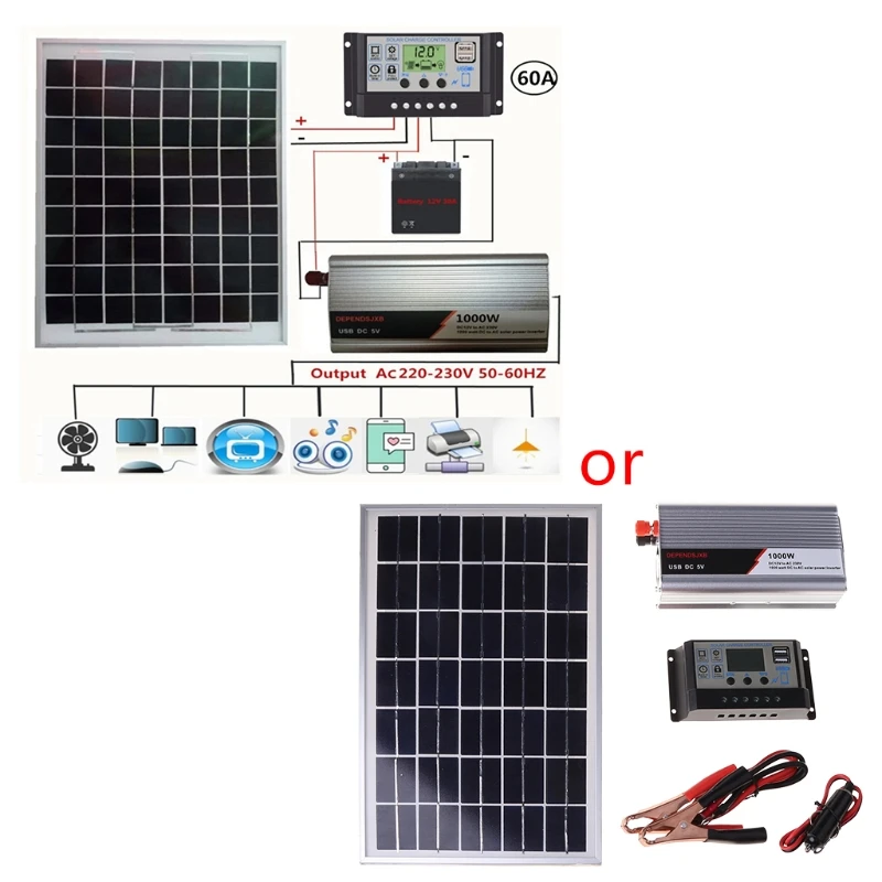 

Система солнечных панелей 12 В/24 В, 18 в, 20 Вт, солнечная панель, контроллер заряда 40 А/50 А/60 А, комплект солнечных инверторов 1000 Вт, полное поколе...