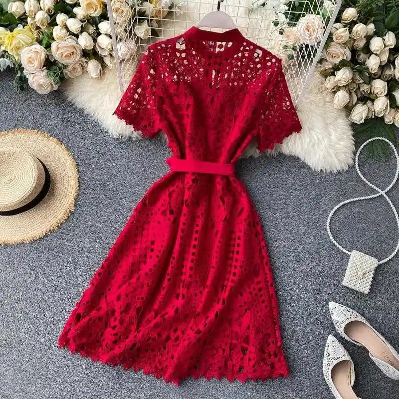 

Summer Lace Dress Women 2020 New Vintage Sexy Out Balck Mujer Casual Short Sleeve Beach Dresses Party