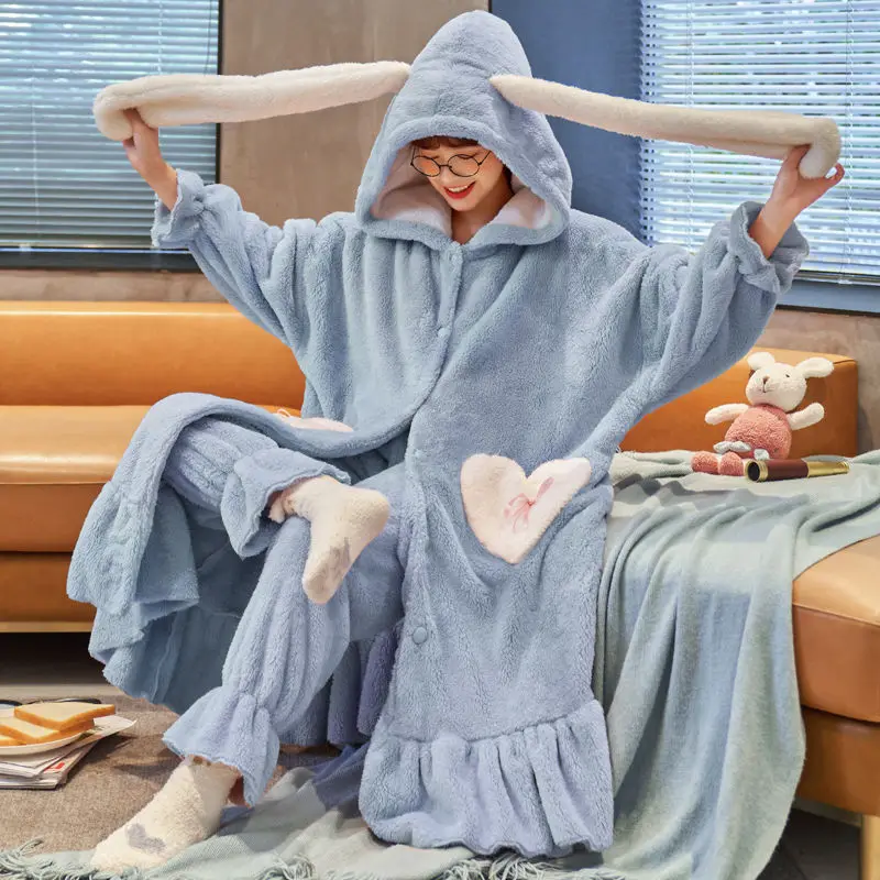 Autumn and Winter Robe Female Thickened Models Coral Fleece Pajamas Female Suit Home Wear Plus Velvet Facecloth Warm Sleepwear