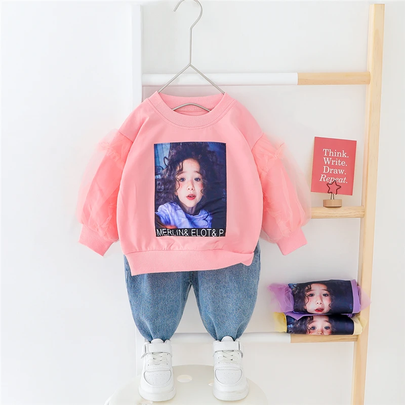 

Spring Baby Girls Clothing Sets Children Kids Vacation Printing T Shirt Jeans Toddler Infant Casual Style Clothes Outfit