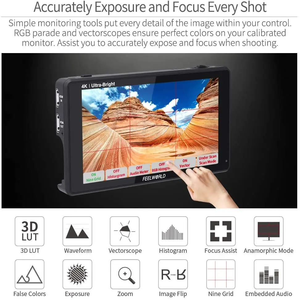 Günstig FEELWORLD LUT6 6 Zoll 2600nits HDR 3D LUT Touchscreen DSLR Kamera Feld Monitor Mit Wellenform VectorScope Histogramm 4K HDMI