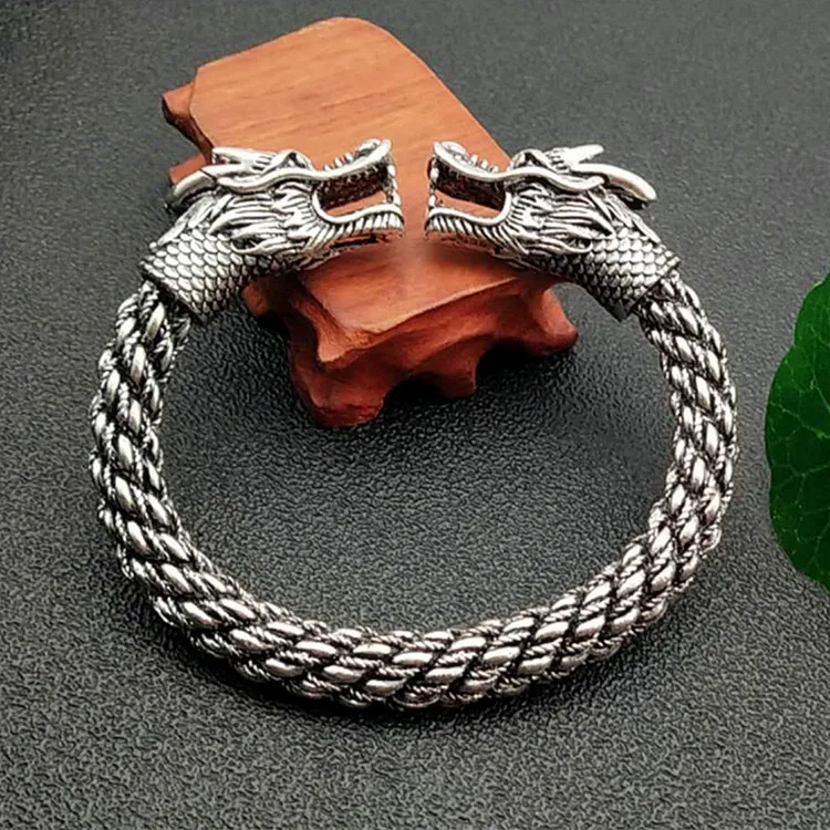 Античный браслет из серебра 925 пробы с двойным драконом тибетского