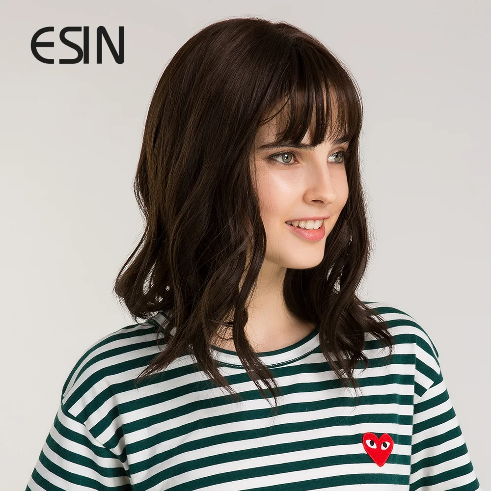 ESIN темно коричневый средней длины парик с волнистыми волосами и челкой косплей