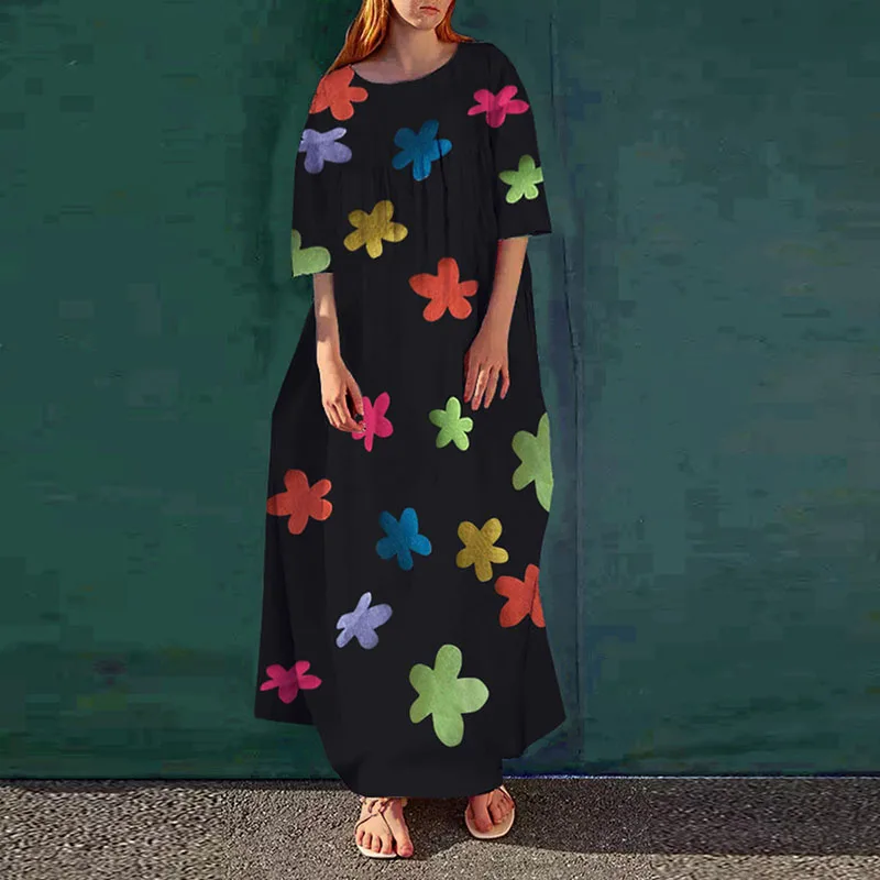 

Elegant Women Bohemian Style Print Dress Autumn Retro O Neck A-line Half Sleeve Dress Casual Loose Sexy Party Long Dress Vestido