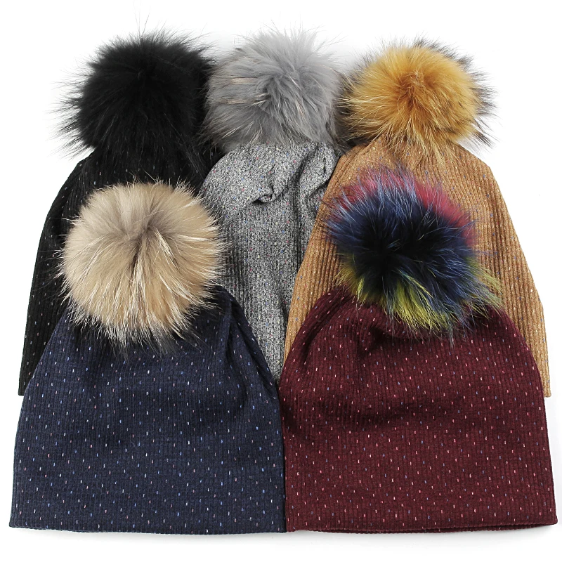 Geebro Women Winter Fashion Warm Soft Beanies Men Autumn Solid Color Skullies Hats Unisex With 15cm Real Fur Pompom Caps Bonnet