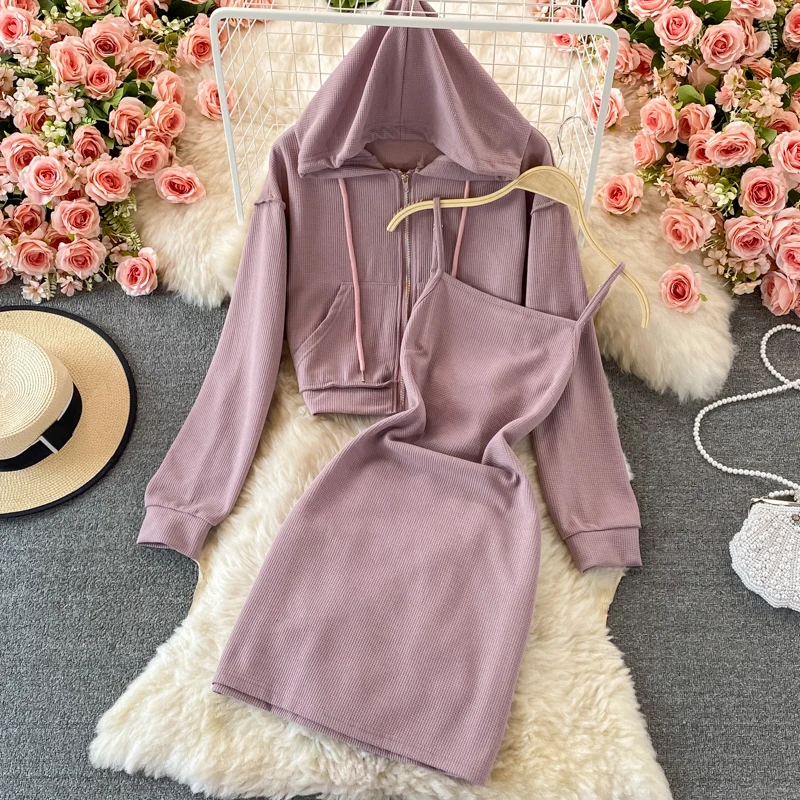 

Autumn Women Two Piece Set Pink/Gray/Black Casual Zip Hooded Sweatshirt + Spaghetti Strap Bodycon Mini Dress Female Tracksuit