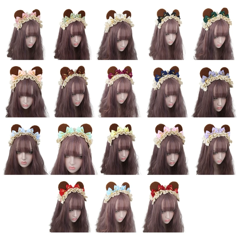 

Japanese Lolita Plush Brown Bear Ears Headband Sweet Ruffled Lace Bow Animal Hair Hoop Vintage Maid Cosplay Headpiece