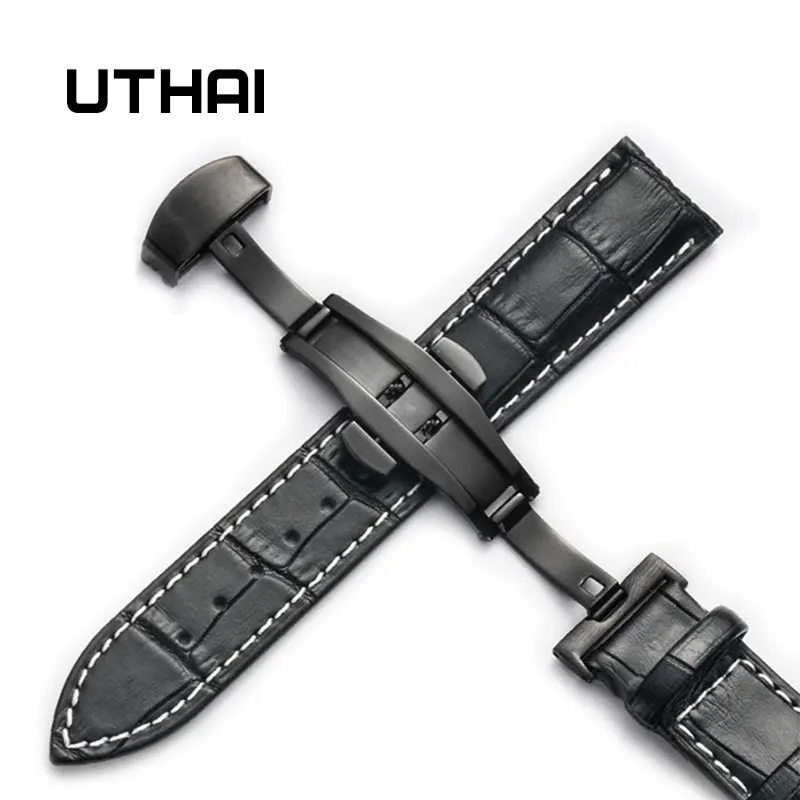 Black-black-white UTHAI Z09 плюс Натуральная кожа Ремешки для наручных часов 12-24 мм Универсальные часы Бабочка Пряжка группа сталь Пряжка ремешок наручный ремень браслет - Цвет ремешка: Black-black-white