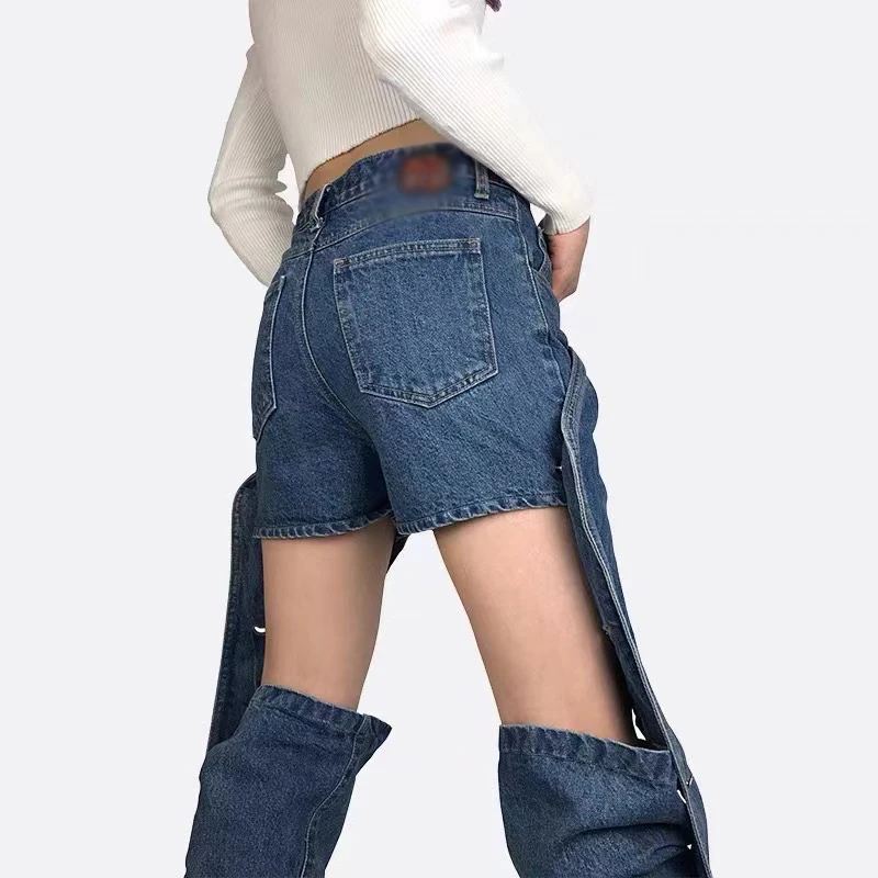 

VGH Sexy Hollow Out Denim Trousers For Women High Waist Patchwork Button Full Length Jeans Summer Streetwear Female 2021 Fashion