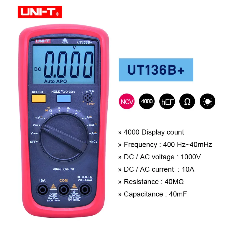 UT136B UNI-T UT136B+/UT136C+ мультиметр Цифровой мультиметр тестер AC DC Вольтметр Амперметр Ом Емкость HFE диод/Транзистор тестер - Цвет: UT136B