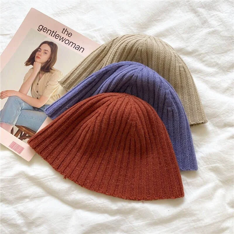 Japanese niche knitting bucket hat female solid color casual wild fisherman hat Korean version of the tide autumn woolen hat
