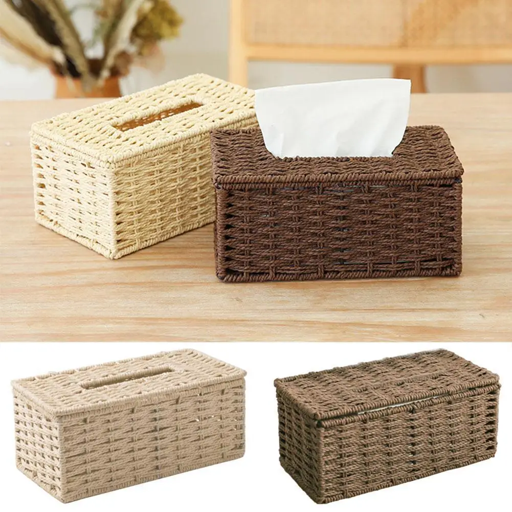

Rattan Tissue Box Vintage Napkin Holder Case Clutter Storage Container Cover Living Room Desk Decoration