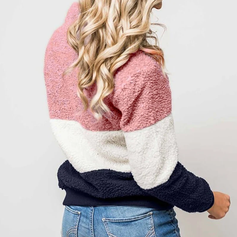 ELSVIOS 2XL Women Zipper Turtleneck Warm Sweatshirt Patchwork Hoodie Autumn Winter Long Sleeve Tops Jumper Femme Fleece Pullover | Женская