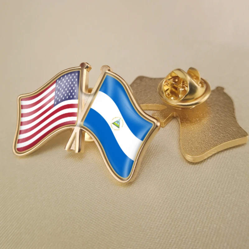 

United States and Nicaragua Crossed Double Friendship Flags Lapel Pins Brooch Badges