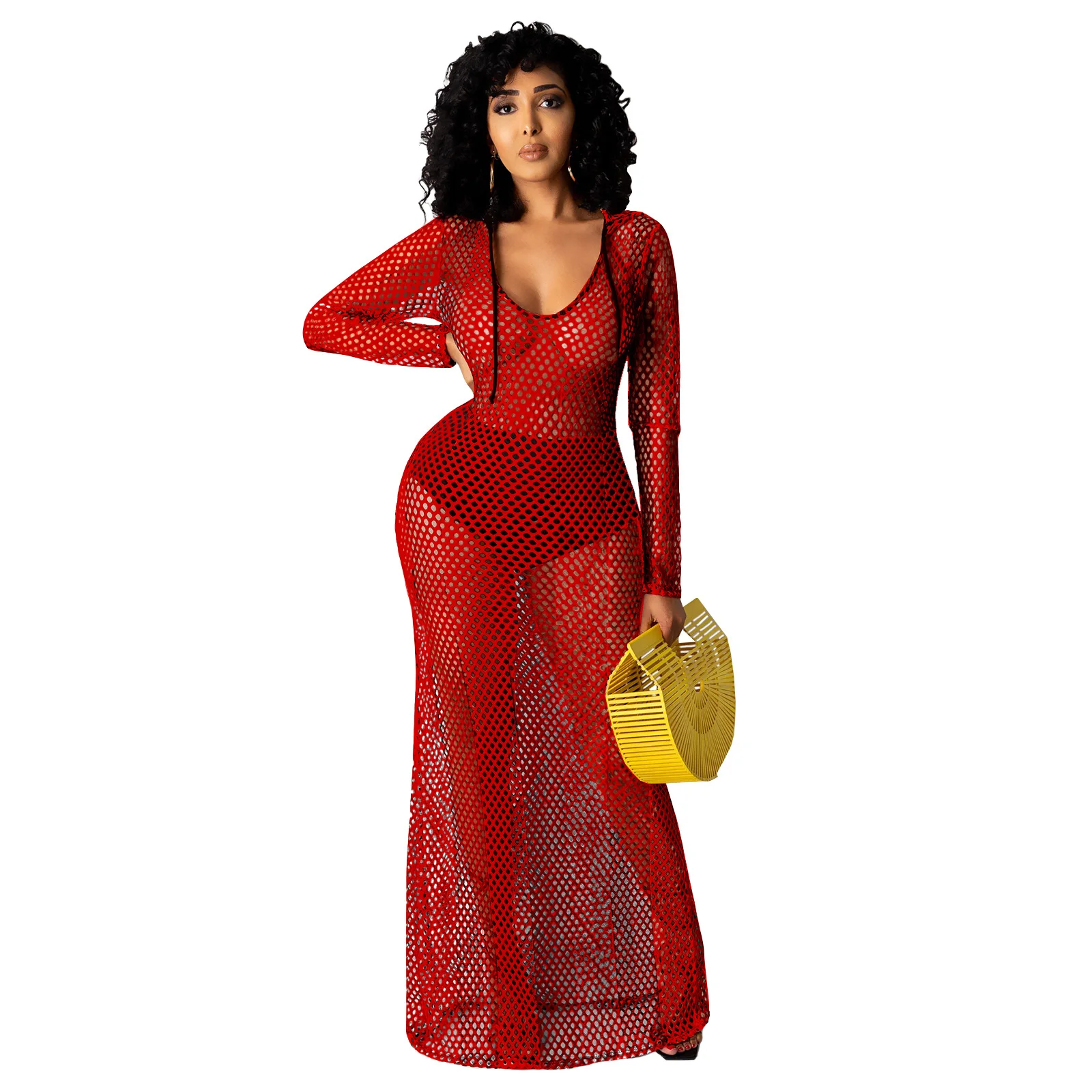 

PING ZHAO Women Hooded Dress Solid Mesh Hollow Out Full Sleeve Floor-length Dresses Sexy Night Club Dress Summer
