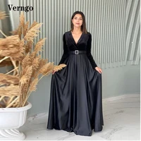modest black velour top a line long sleeves prom dresses satin skirt v neck women floor length formal evening gowns plus size