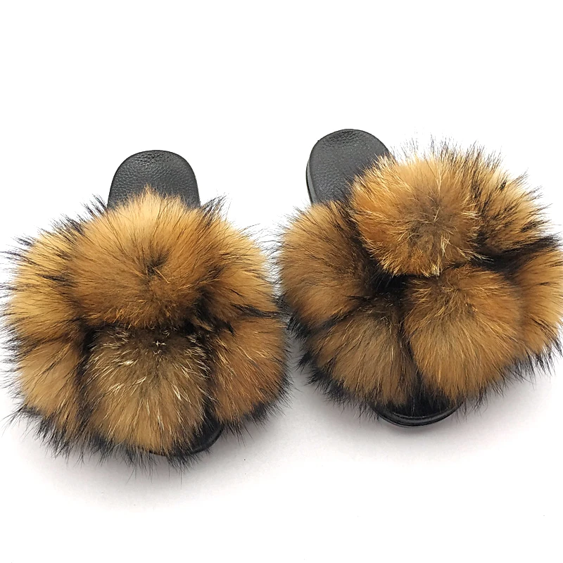 

2020 Hot Sale Fur Slippers Slides Women's Real Whole Fox Fur Balls Slippers Open Toe Fluffy House Slides Outdoor Party