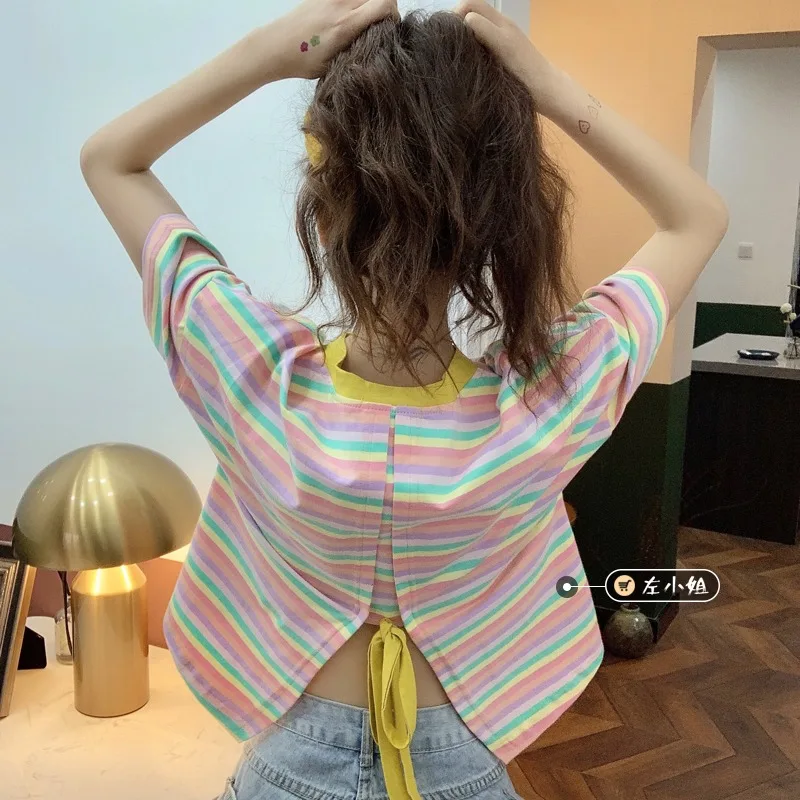 

Striped Short Sleeve T Shirt for Women Clothes Korean Sweet Style Tees Summer New O-neck Loose Ladies Top Casual Lace-up Hipster