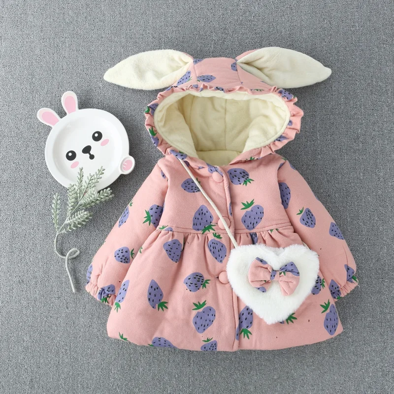 Pink with Bag Зимняя теплая куртка принцессы с капюшоном и милыми заячьими ушками для маленьких девочек; вечерние пальто; теплая верхняя одежда для детей; casaco roupas de bebe - Цвет: Pink with Bag