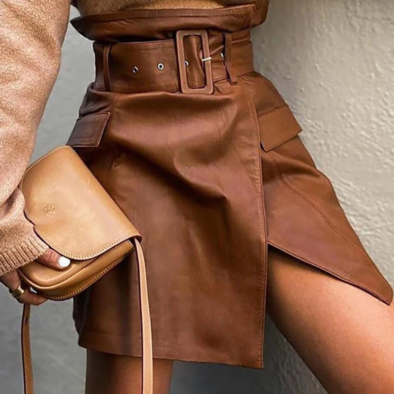 

Women Elegant Pu Leather Skirt New Autumn Belted Split Pencil Skirt Dress Casual Buttoned Office Lady High Waist Skirts Harajuku